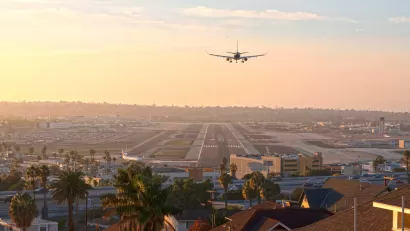 Airplane landing at San Diego International Airport