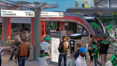 rendering of red light rail tran at crowded station platform