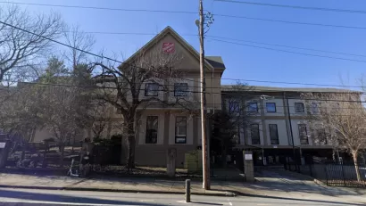 Google street view of brick two-story building housing Salvation Army supportive housing shelter in Atlanta, Georgia.