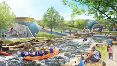 Rendering of kayakers on river and people sitting on riverbank in new park