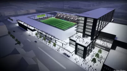 Rendering of downtown Milwaukee sports stadium with soccer field