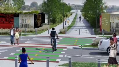 Rendering of Joe Lewis Greenway at crossing withh street with green striped crosswalk