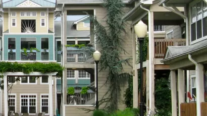 Three-story apartment buildings in Takoma Village, a cohousing complex in Washington, D.C.