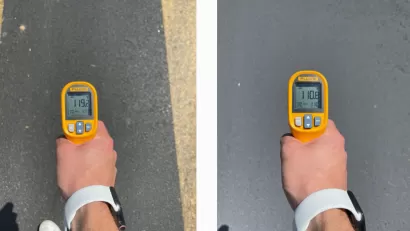 Side-by-side photos of hand holding thermometer above pavement; left photo shows 119 degrees, right photo shows 110 degrees, illustrating the effect of a cool pavement treatment.
