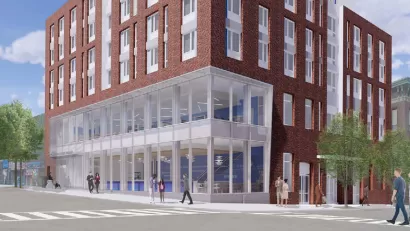 Rendering of reconstructed Sunset Park library branch in Brooklyn, NY with housing above ground-floor library branch.
