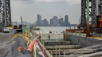 Concrete flood control infrastructure under construction in New York City.