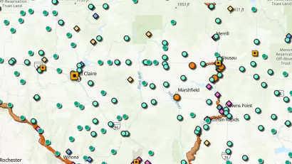 Screen shot of map from Wisconsin PFAS Interactive Data Viewer.