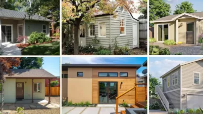 Collage of six backyard cottages/ADUs in Cincinnati, Ohio.
