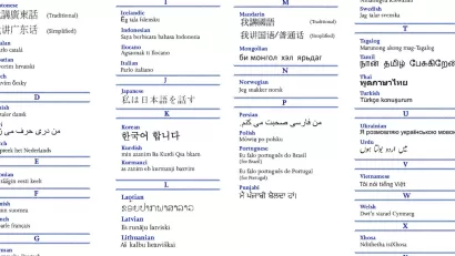 List of various international languages with text in English and original language.