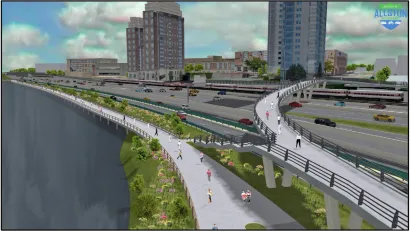 Rendering of pedestrian walkways over at-grade Mass Pike in Allston, Boston.