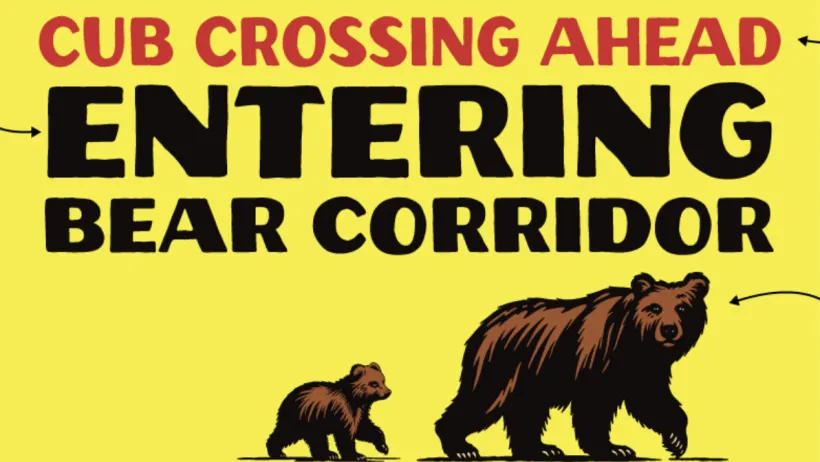 "Entering bear territory" sign on yellow background with black text and graphic of bear with baby.