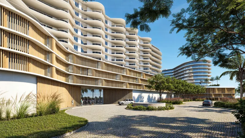 Rendering of curvy white multi-story building in Fort Pierce, Florida.