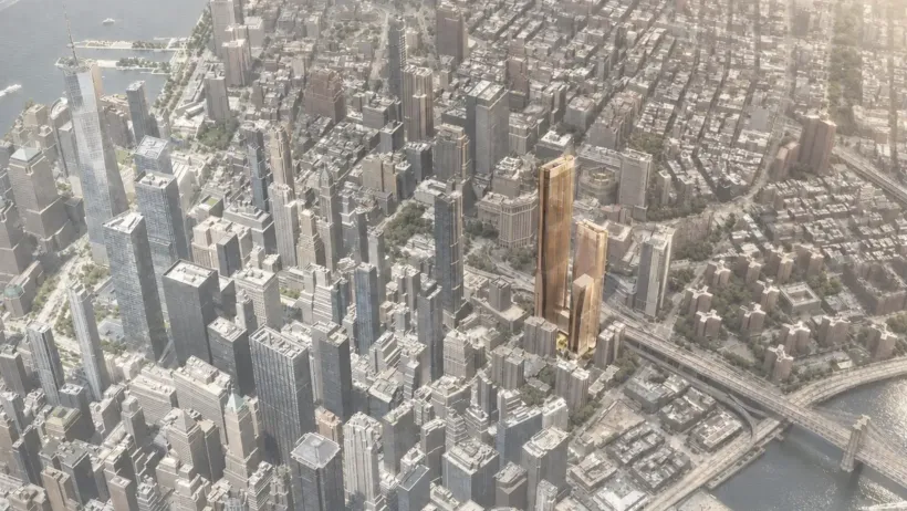 A rendering of the proposed building, which is tall and highlighted in yellow to stand out from the surrounding buildings.