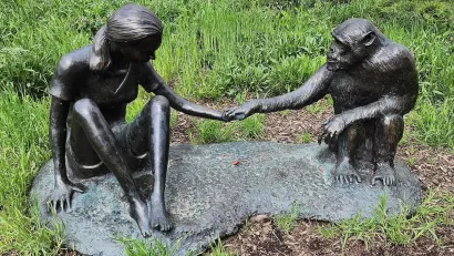 Sculpture of seated Jane Goodall holding hands with chimp on green lawn.