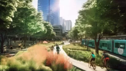 AI generated image of a greenway and transit corridor.