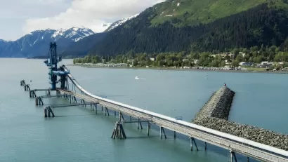 An oil line extends into Resurrection Bay in Seward, Alaska.
