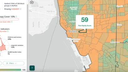 Screenshot of shade map of Buffalo, New York with legend.
