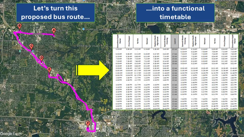 Chart of bus schedule overlaid on Google map of bus route.