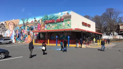 Social distancing in a Trader Joe's line in Cambridgeport, Cambridge, Massachusetts March 21, 2020