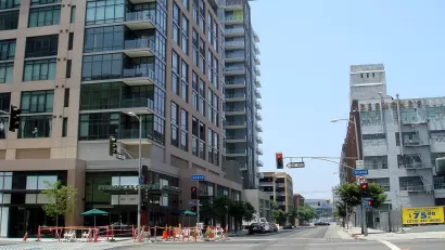 The gentrifying street-scape of the South Park neighborhood of downtown Los Angeles, California