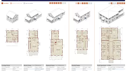 A series of diagrams shows a variety of housing types pre-approved for construction in South Bend, Indiana.