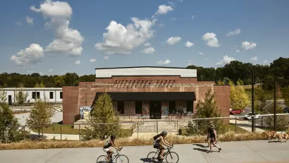 People on bikes and pedestrians using the Southside Trail at Pittsburgh Yards in Atlanta.