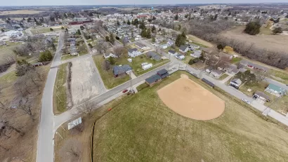 Aerial view of baseball diamond and homes in small town Spring Grove, Minnesota