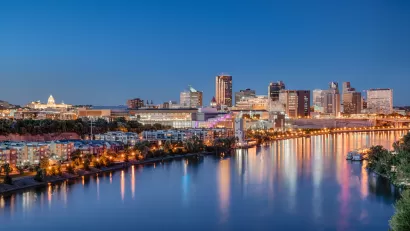 An image of St. Paul, Minnesota and the Mississippi River at nightfall.