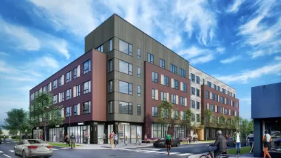 Rendering of Park Station mixed-use development in Woodlawn neighborhood of Chicago, Illinois.