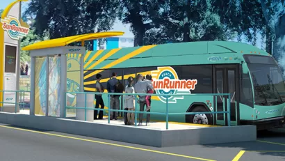 Rendering of SunRunner bus station with passengers boarding