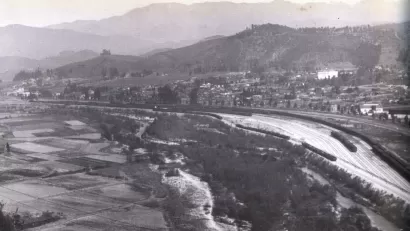 Black and white photo of Taylor Yard site in Los Angeles by the Los Angeles River in the 1890s.