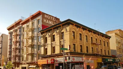 View of Hotel Hamlin SRO supportiveh ousing building in San Francisco Tenderloin district.