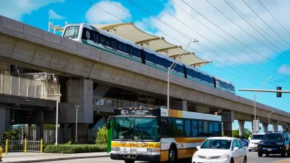Skyline train on elevated rail in Honolulu, Hawaii.