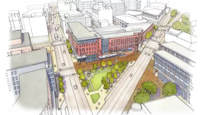 A drawing of a planned bus facility in downtown Providence, Rhode Island.