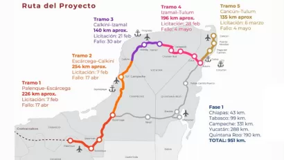 A map of the under-construction Tren Maya that passes through several locations on Mexico's Yucatan Peninsula.