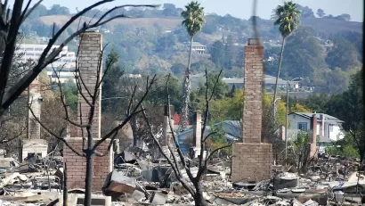 Brick chimneys standing in rubble from Tubbs Fire in Northern California in 2017.