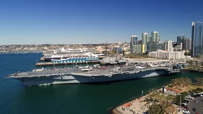 Aerial view of USS Midway aircraft carrier at San Diego waterfront