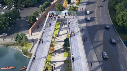 Rendering of 11th Street Bridge Park in Washington, D.C. on old bridge across Anacostia River.
