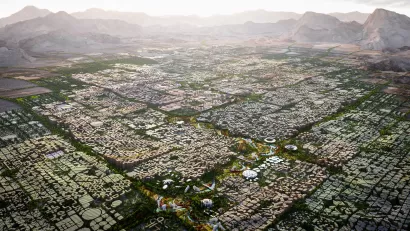 A rendering of a futuristic city in the desert.