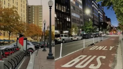 Side-by-side images of a bike share station and a bus-only lane.