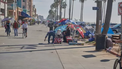 Homeless encampments on the Venice Beach Ocean Front Walk.