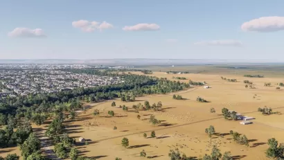 Rendering of aerial view of greenbelt separating farmland and residential area for California Forever development.
