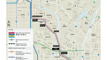 A map of a planned light rail line connecting Los Angeles to cities in the Southeast of the county.