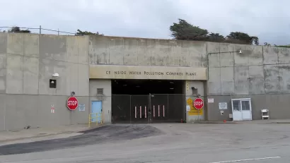 The west tunnel entrance to the Oceanside Water Pollution Control Plant in March 2020 with O and A letters missing in Oceanside.