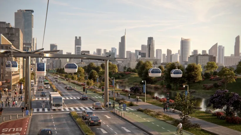 Rendering of aerial gondola over main street in Anaheim, California.