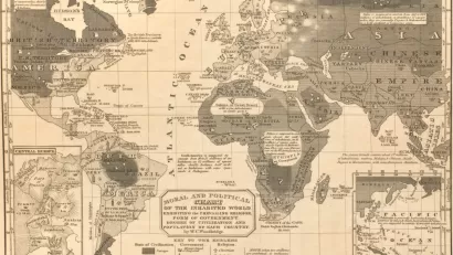 “Moral & Political Chart of the inhabited world: Exhibiting the Prevailing Religion, form of government, degree of civilization, and Population of each country.” In Woodbridge’s School Atlas, 1831.
