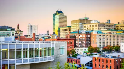 The skyline of downtown Worcester, Massachusetts reveals urban densities and variety of building types.