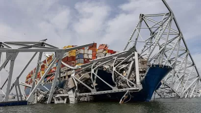 Bridge with container ship crashed into it in Baltimore, Maryland.