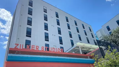 View looking up at Zilker Studios apartment building in Austin, Texas.