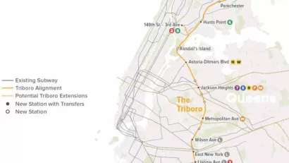A map of the proposed Triboro Line, which would connect Brooklyn to Queens and the Bronx in New York City.
